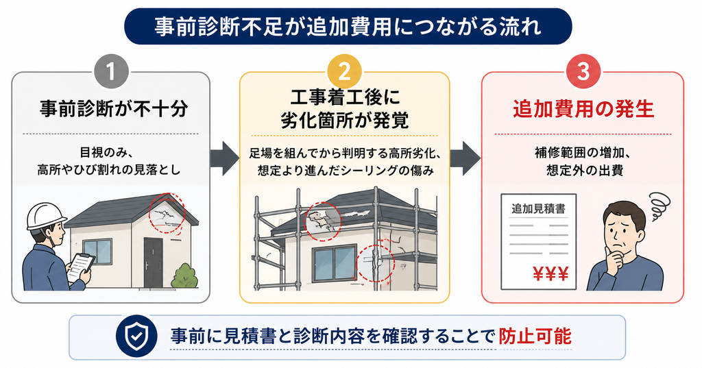 事前診断の不足から追加費用が発生するまでの流れを示す図 