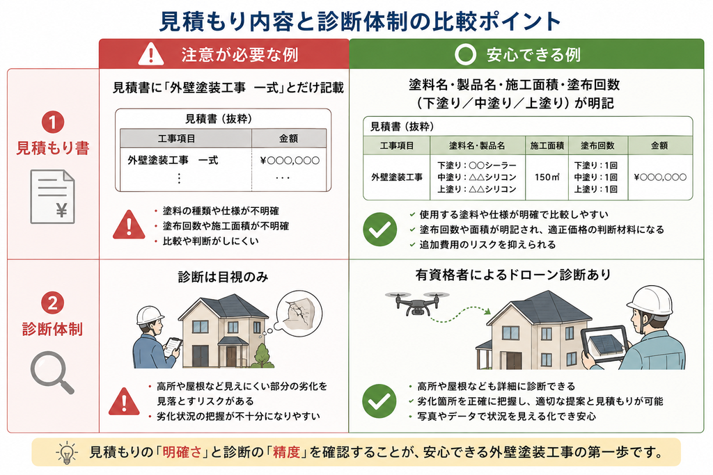 外壁塗装の見積書と診断体制について、注意が必要な例と安心できる例を比較した図