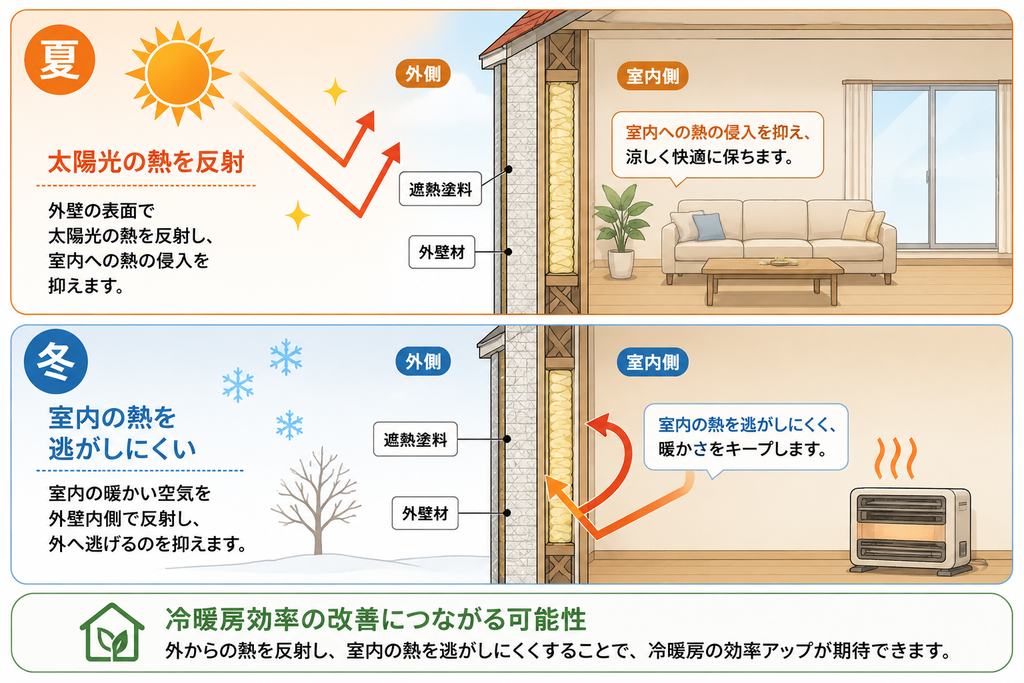 遮熱塗料による夏と冬の熱の動きを示す仕組み図